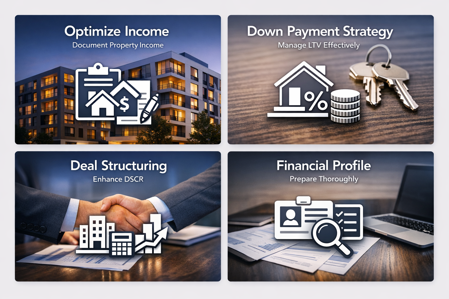 Infographic showing strategies to lower DSCR rates including optimizing income, down payment strategies, deal structuring, and financial profile preparation.