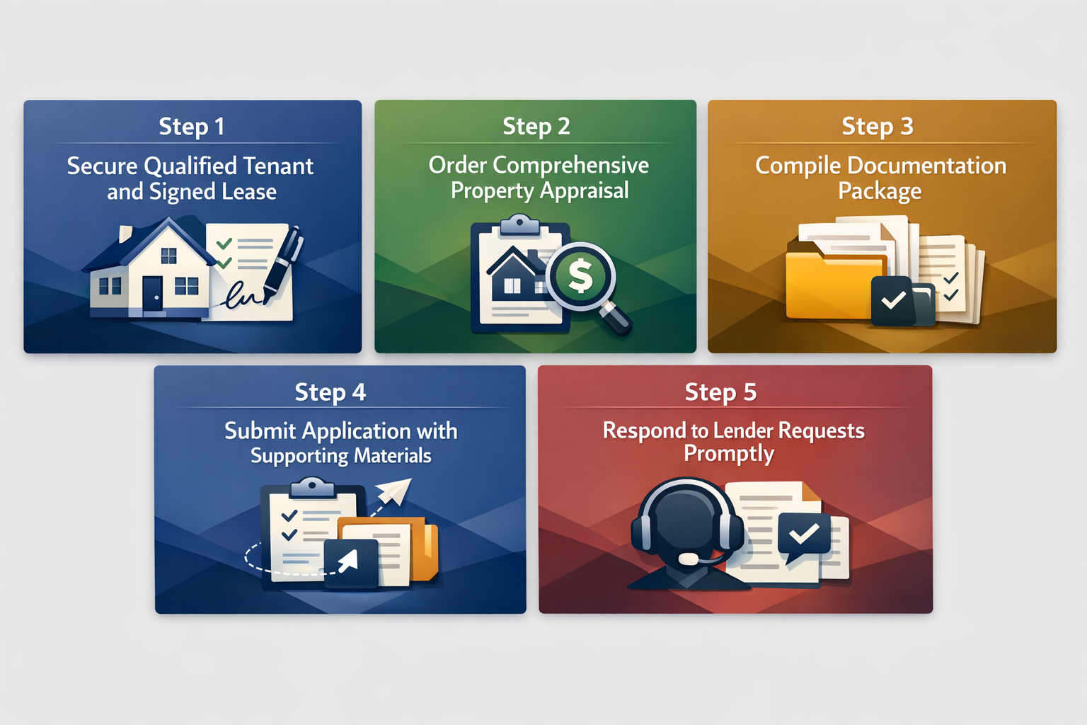 Step-by-step process for DSCR loan applications with new leases, detailing tenant screening and documentation requirements.