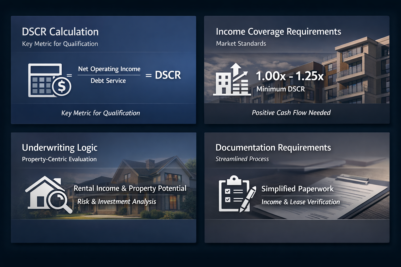 Infographic detailing DSCR calculation, income coverage requirements, underwriting logic, and documentation requirements for cash flow loans.