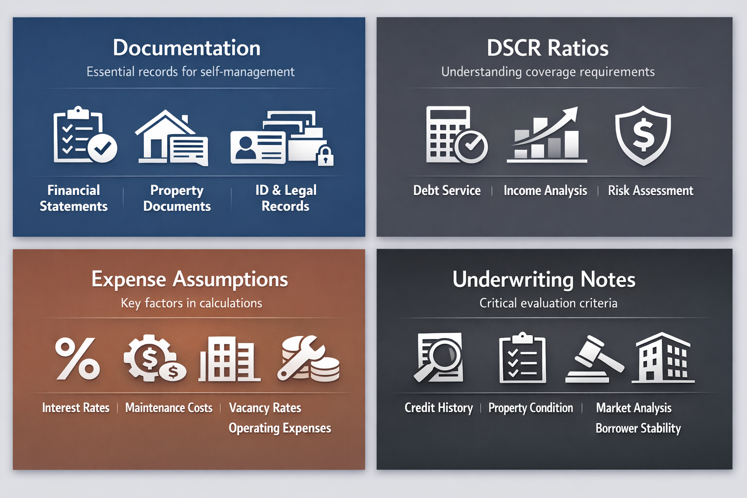 Infographic showing essential documentation, DSCR ratios, expense assumptions, and underwriting notes for self-managed properties.