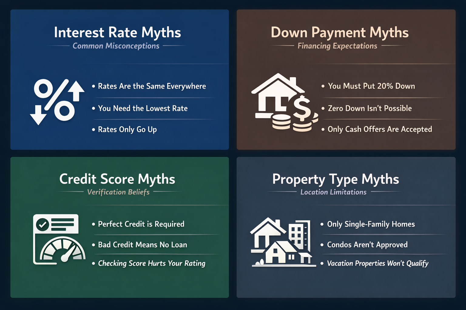 Infographic showing myths about interest rates, down payments, credit scores, and property types in DSCR financing.