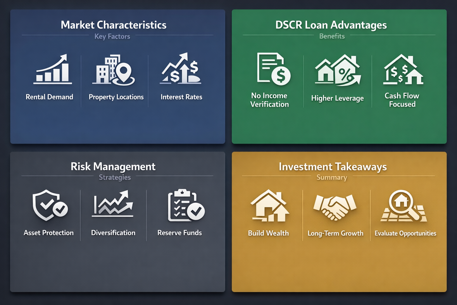 Visual representation of market analysis framework for DSCR investors, highlighting key factors, advantages, strategies, and takeaways.