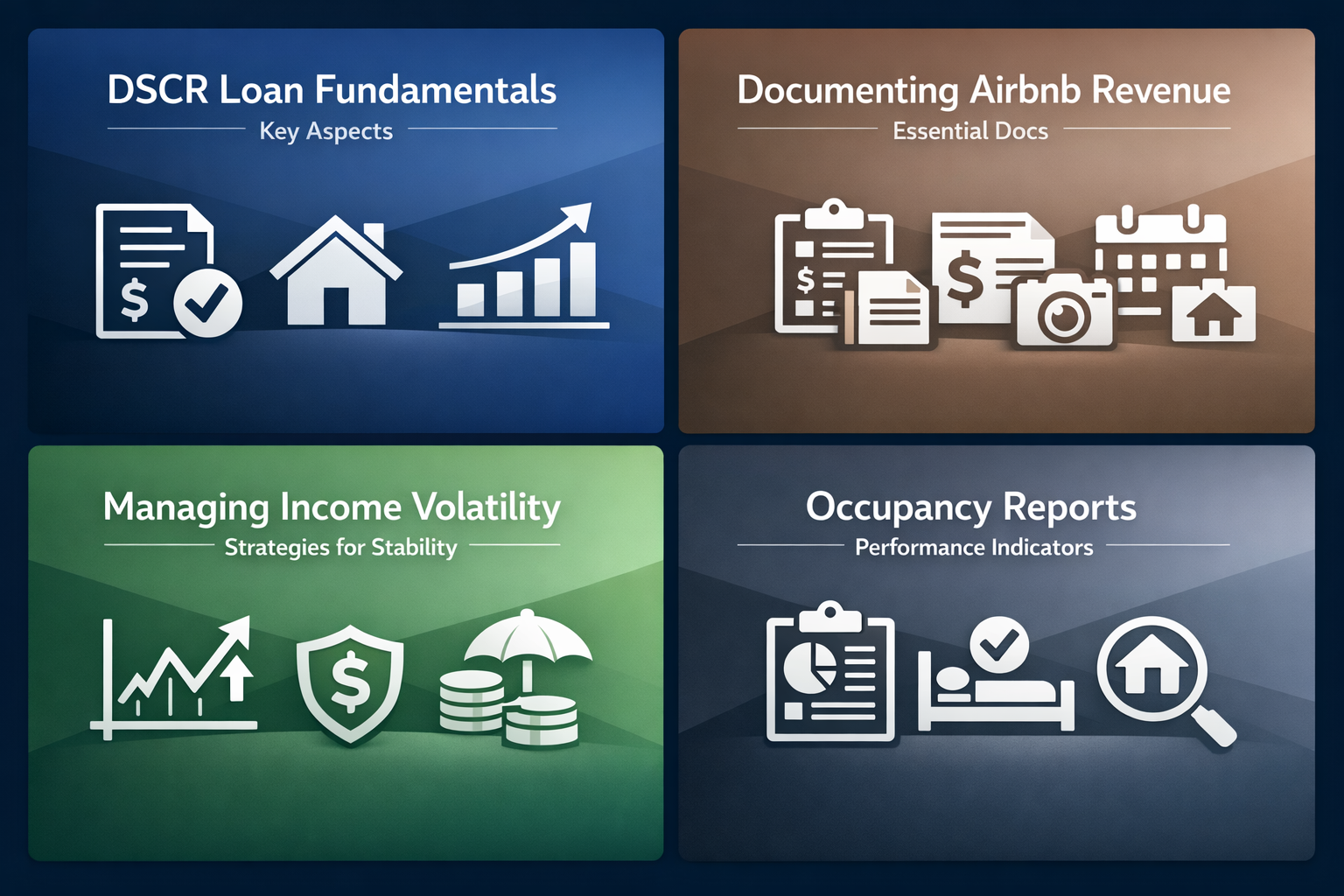 Infographic showing DSCR loan fundamentals, documenting Airbnb revenue, managing income volatility, and occupancy reports.