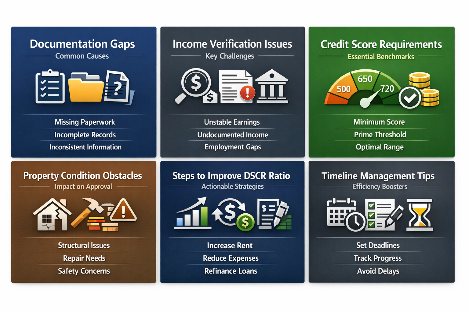 Infographic showing documentation gaps, income verification issues, credit score requirements, property condition obstacles, steps to improve DSCR ratio, and timeline management tips.