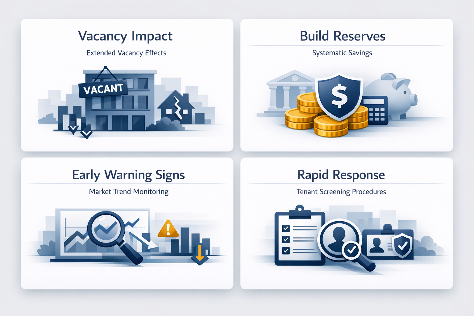 Infographic showing vacancy scenario planning essentials including impact, reserves, warning signs, and response procedures.