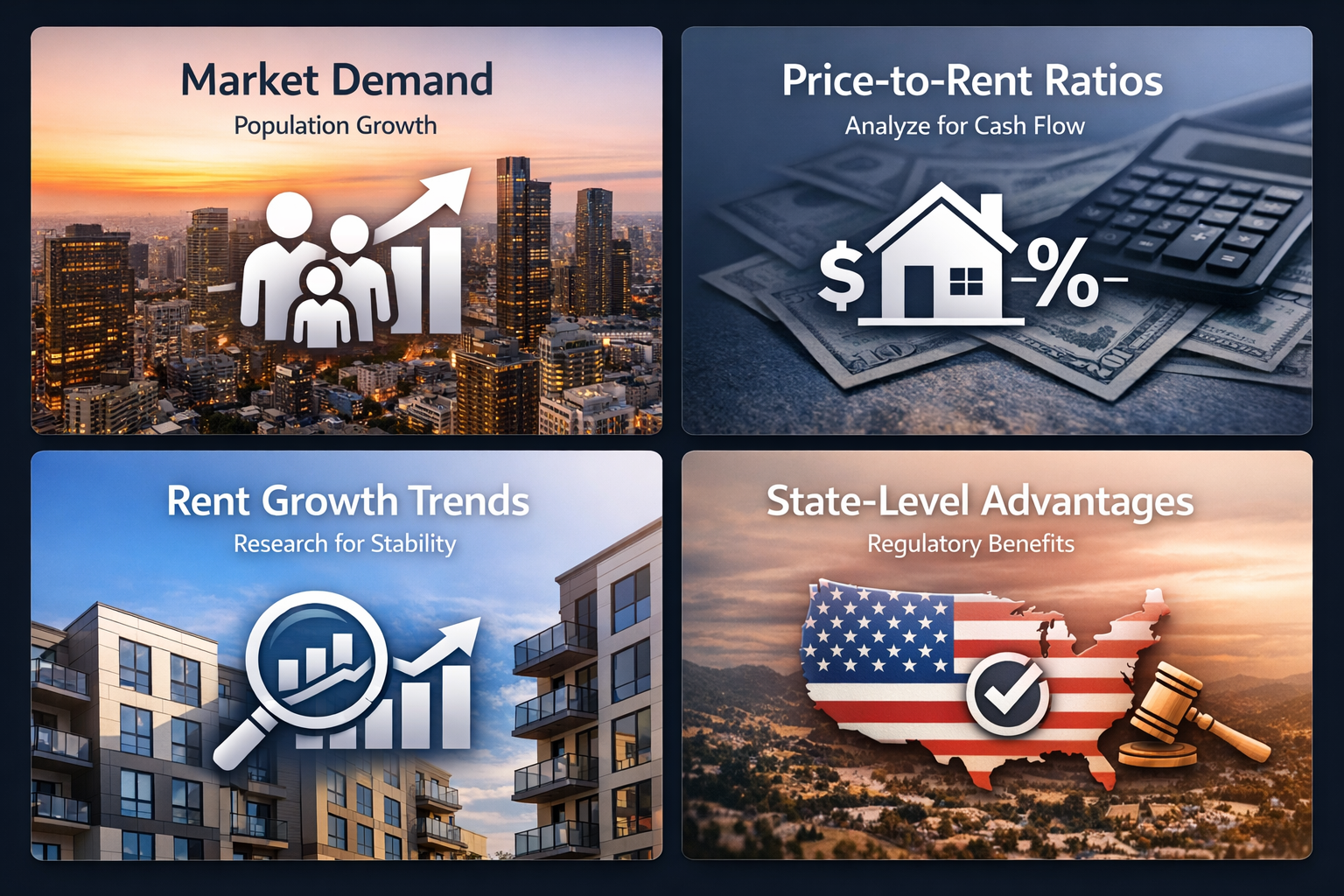 Infographic showing market demand, price-to-rent ratios, rent growth trends, and state-level advantages for DSCR loans.