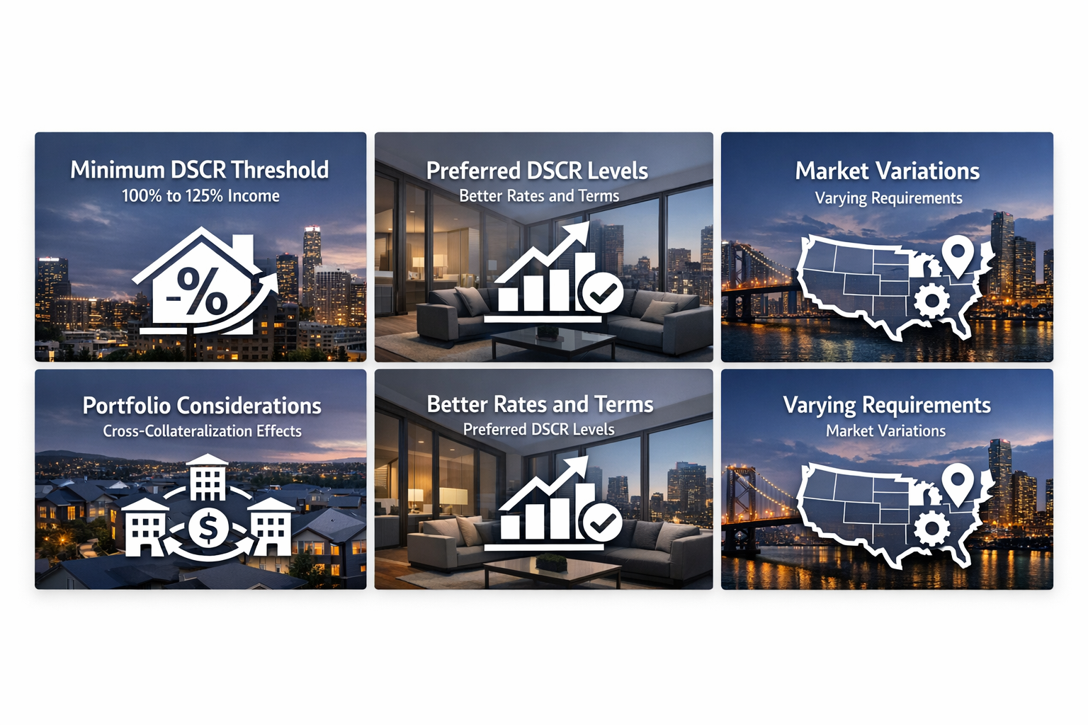 Visual guide on DSCR ratio requirements including minimum thresholds, preferred levels, market variations, and portfolio considerations.