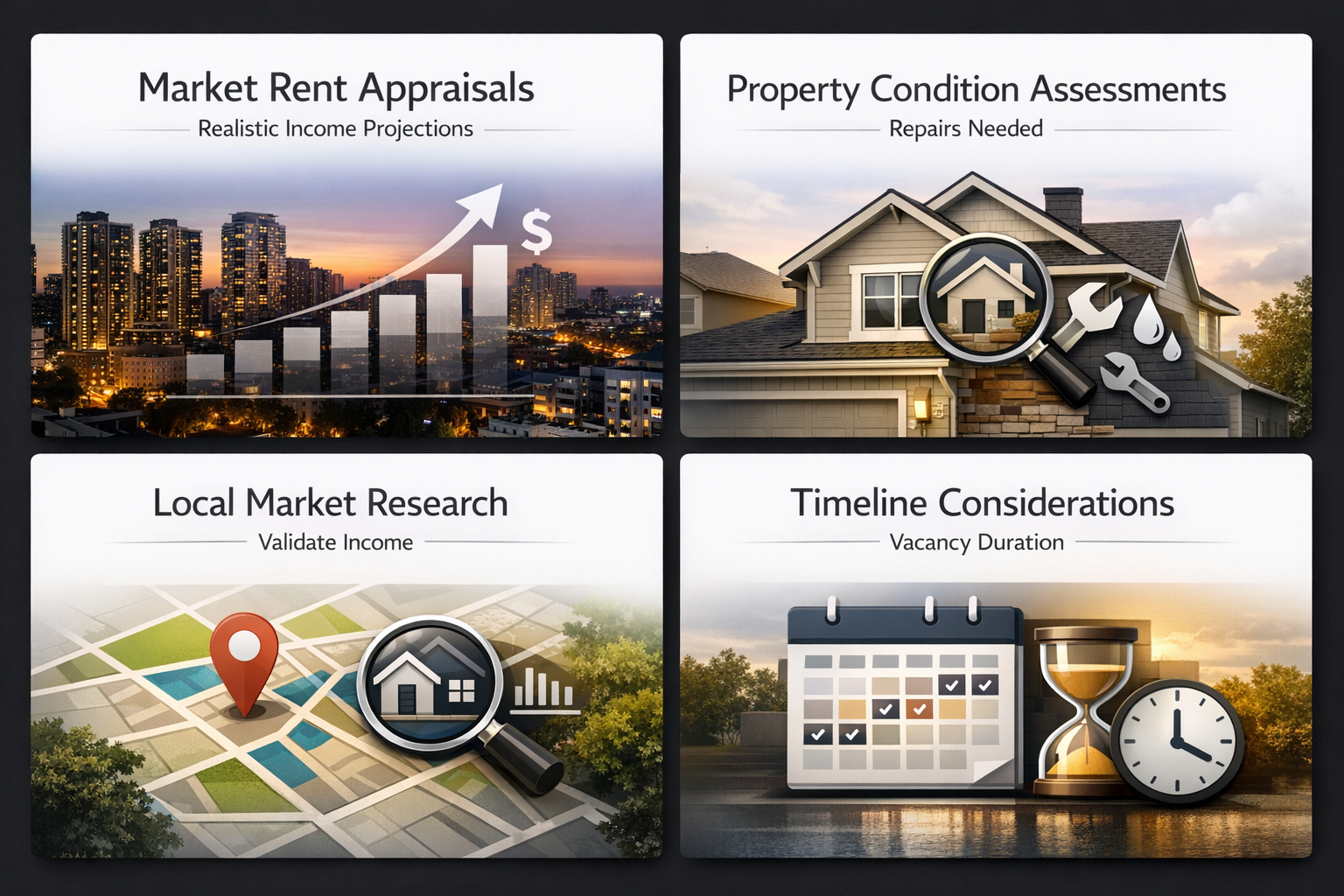 Infographic showing vacancy underwriting factors for DSCR loans including market rent appraisals and property assessments.