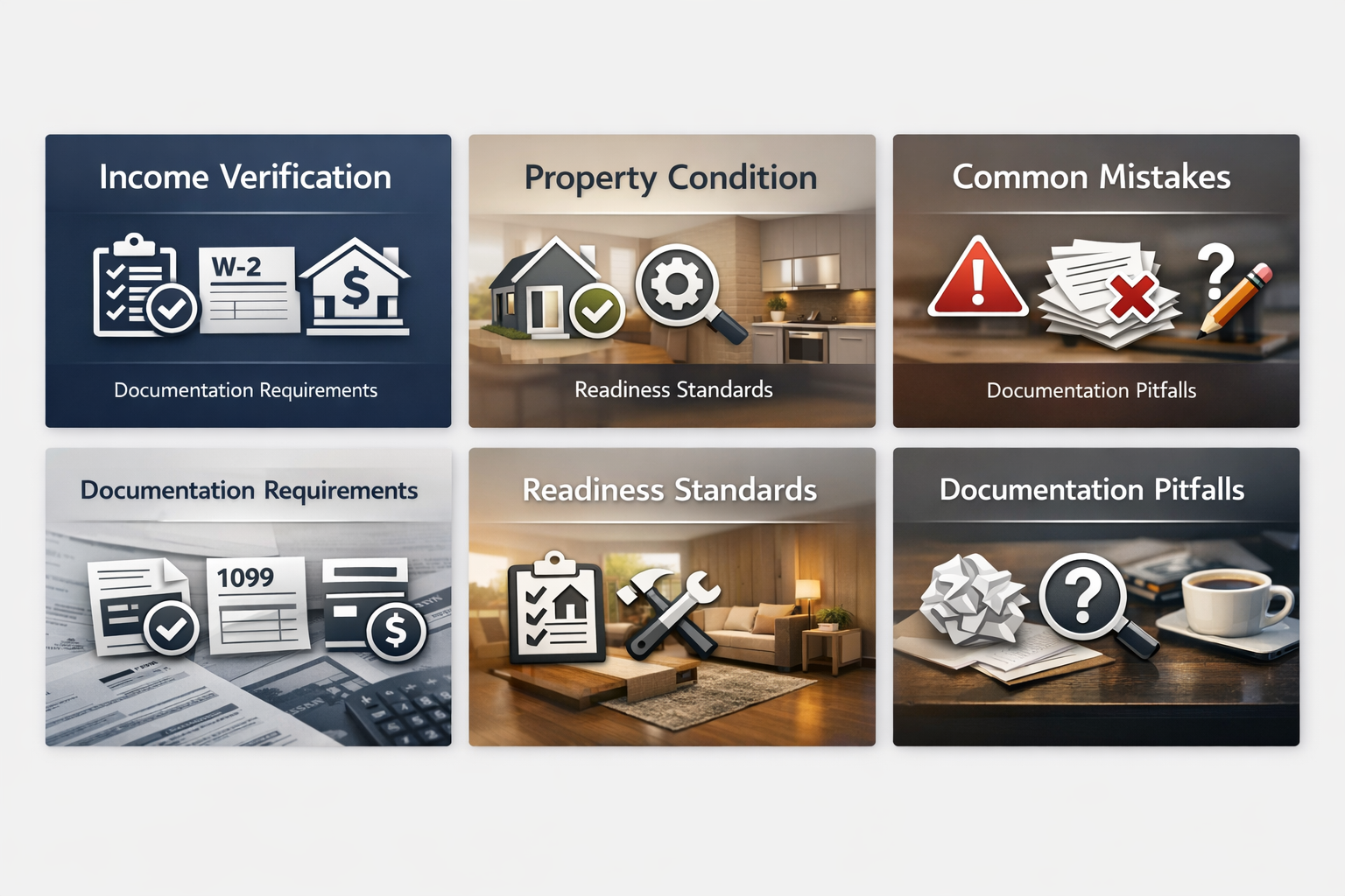 Visual guide on income verification requirements, property condition standards, and common documentation mistakes for DSCR loans.