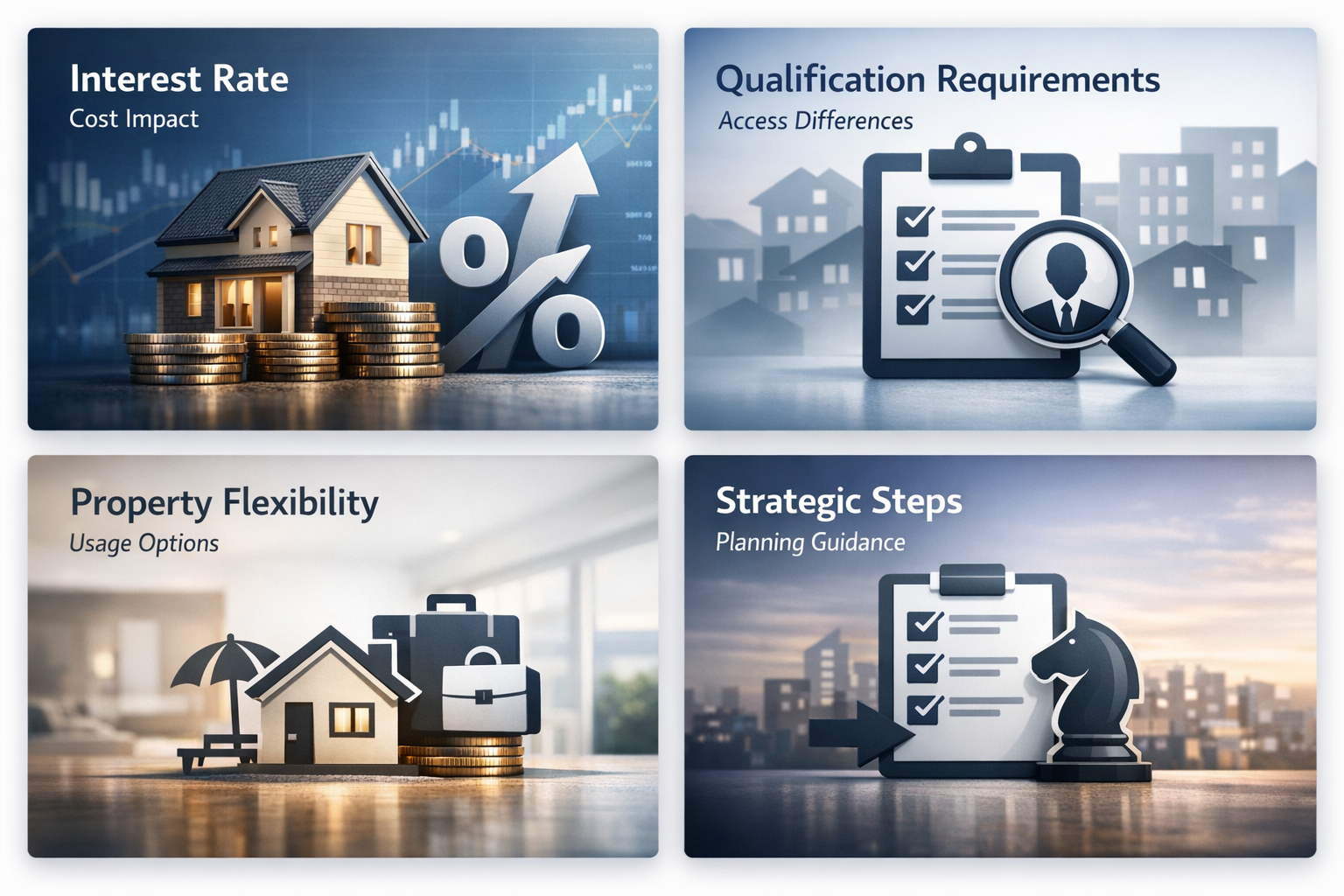 Comparison of interest rates, qualification requirements, property flexibility, and strategic planning steps for loan selection.