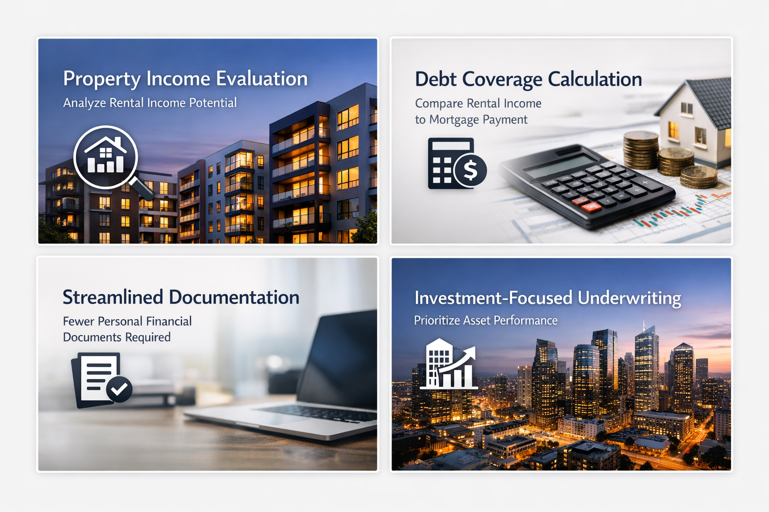 Infographic showing DSCR based approval methods with panels on income evaluation, debt coverage, documentation, and underwriting focus.