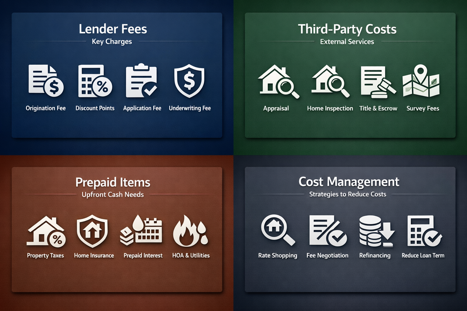 Visual representation of cost management strategies for DSCR refinance including lender fees, third-party costs, prepaid items, and strategies.