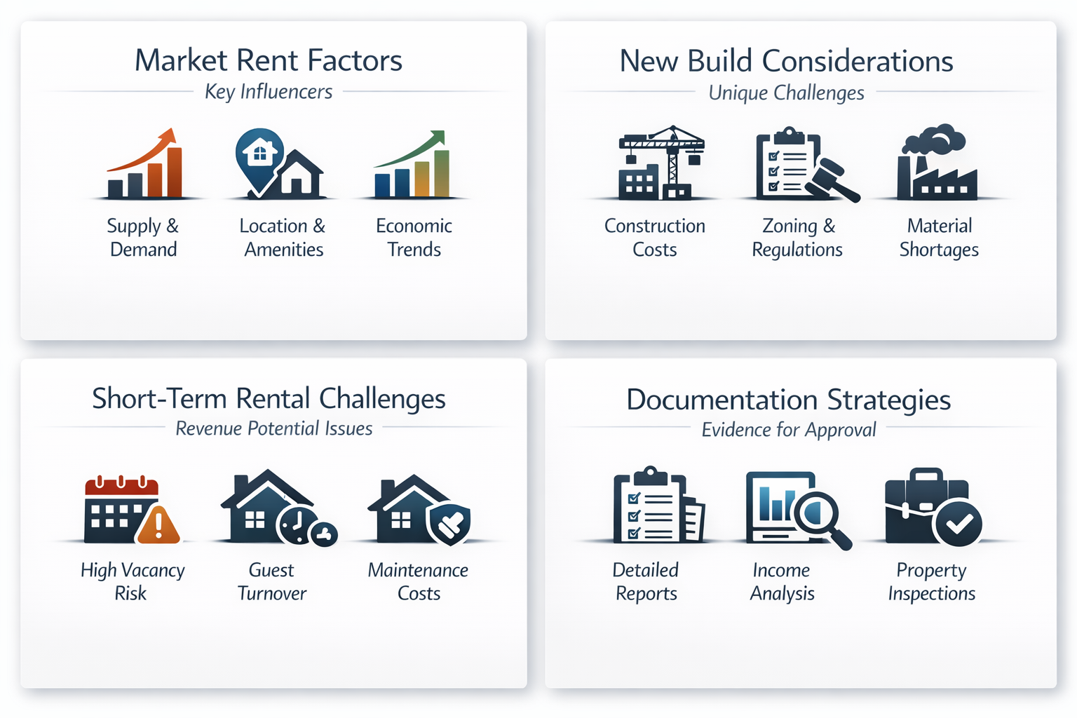 Visual representation of market rent factors, new build considerations, short-term rental challenges, and documentation strategies.