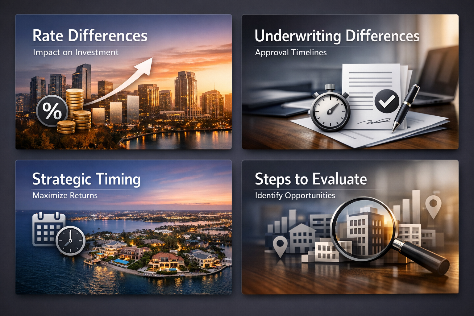 Visual comparison of rate differences, underwriting differences, strategic timing, and evaluation steps for DSCR refinancing and purchases.