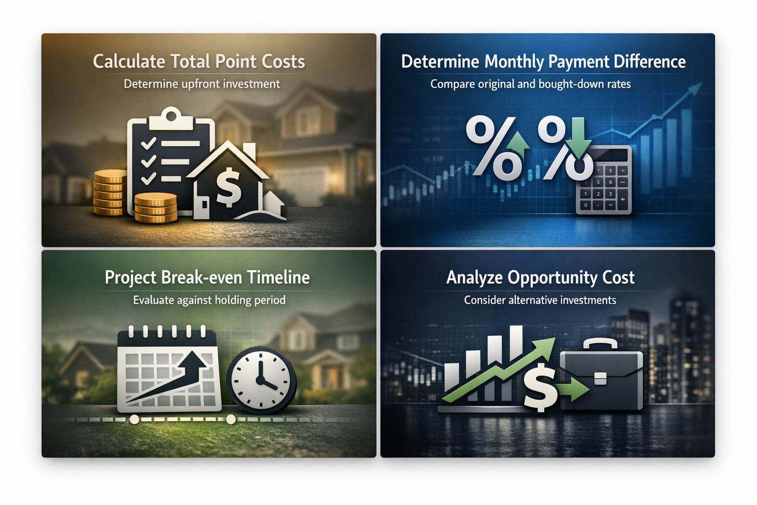 Step-by-step analysis for rate buydown including total costs, payment differences, break-even timeline, and opportunity costs.