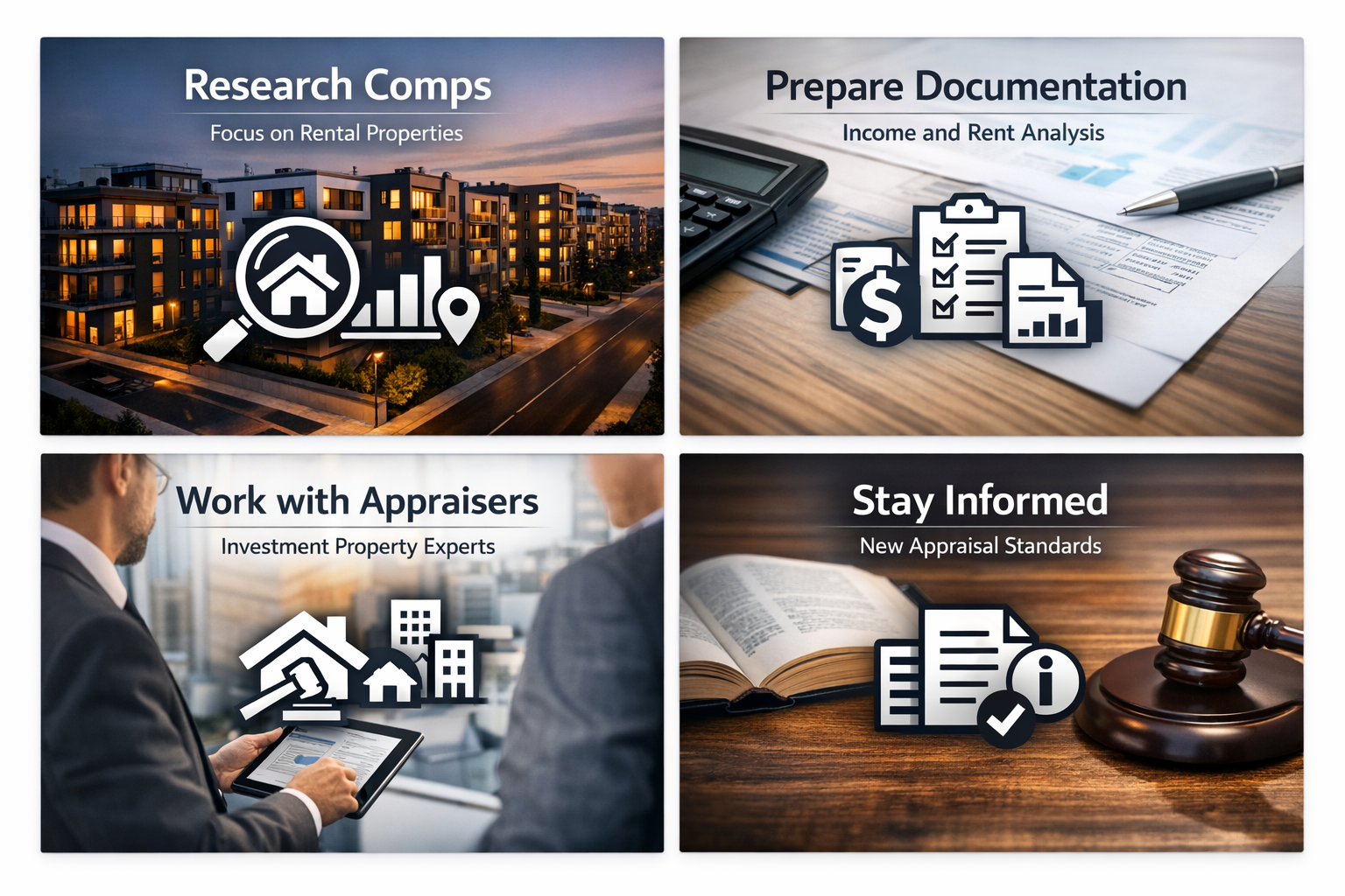 Infographic on smart approaches to rental appraisal success with panels on research comps, documentation, appraisers, and standards.