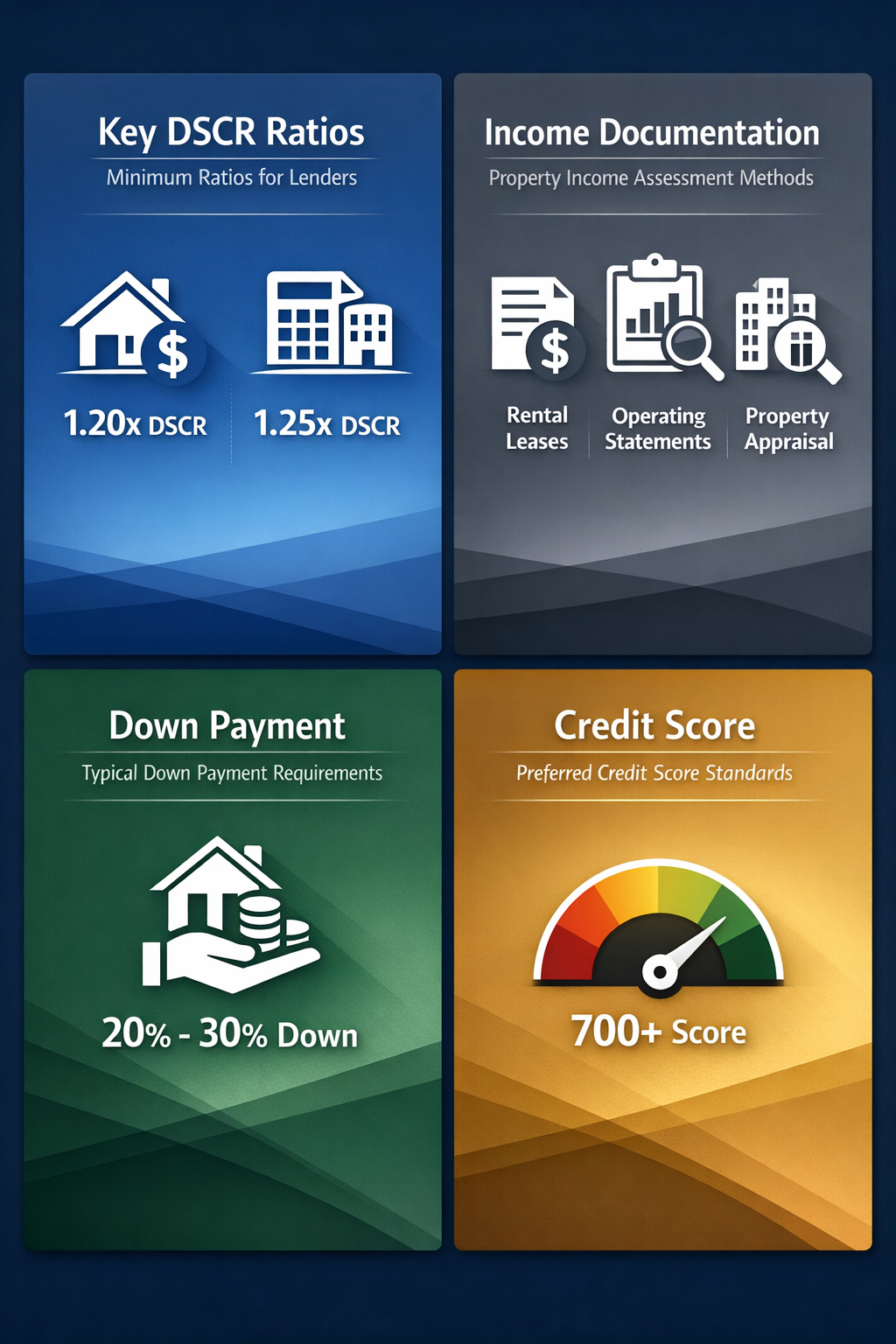 Infographic showing key DSCR qualification requirements for Airbnb properties including ratios, documentation, down payments, and credit scores.