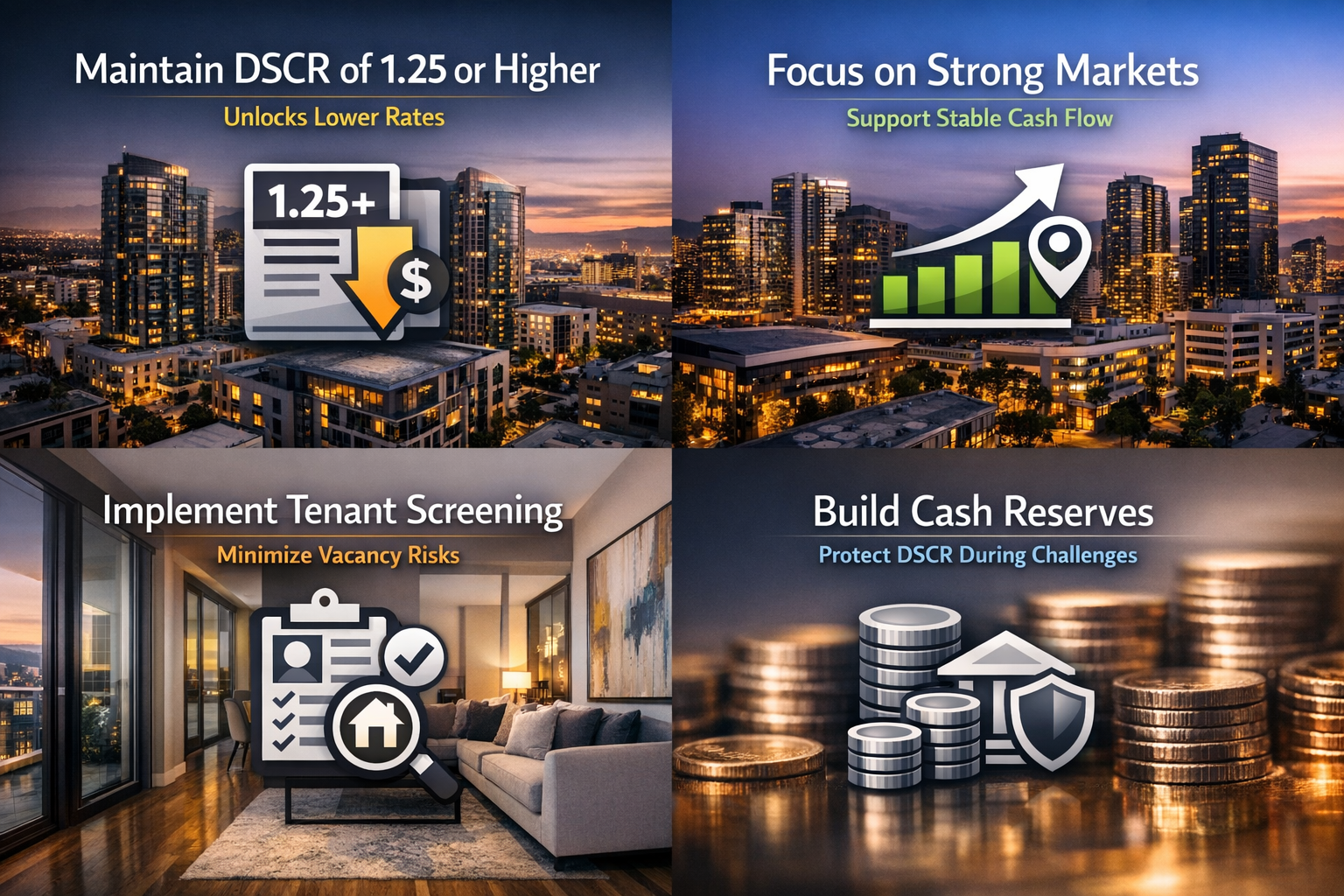 Infographic on essential DSCR strategies including maintaining a DSCR of 1.25, focusing on strong markets, tenant screening, and cash reserves.