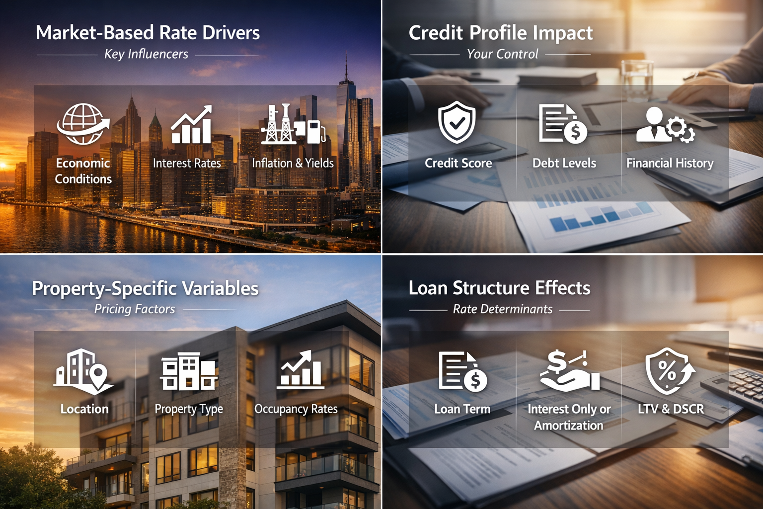 Infographic showing market-based rate drivers, credit profile impact, property-specific variables, and loan structure effects.