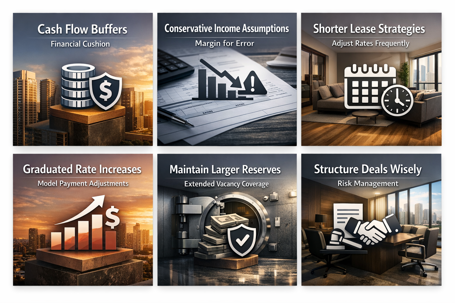 Visual guide on cash flow buffers, income assumptions, lease strategies, and rate increases for real estate investors.