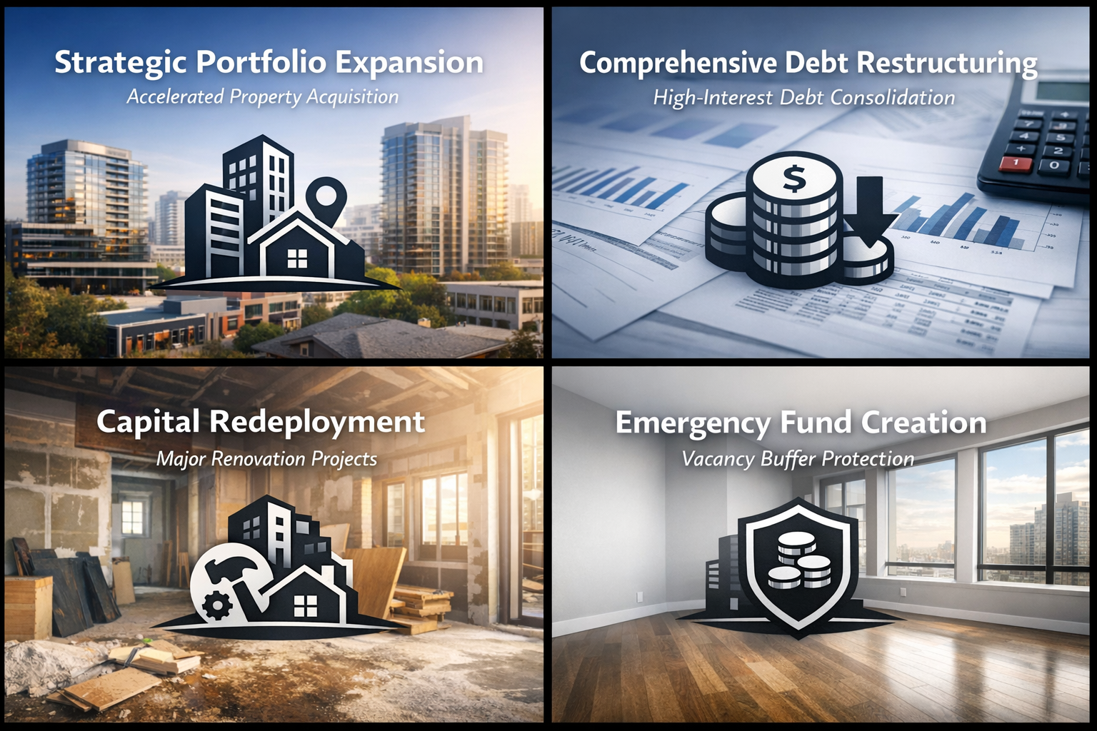 Infographic showing strategic uses of DSCR cash-out refinancing including portfolio expansion, debt restructuring, capital redeployment, and emergency funds.