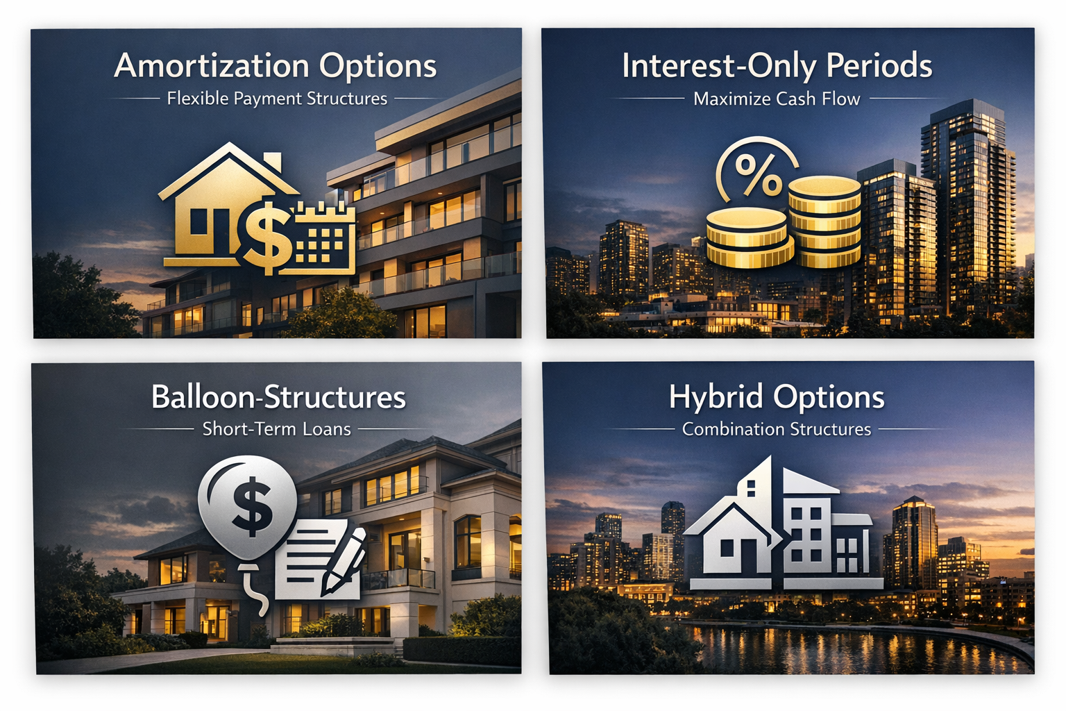 Visual breakdown of amortization options, interest-only periods, balloon structures, and hybrid payment options for DSCR loans.