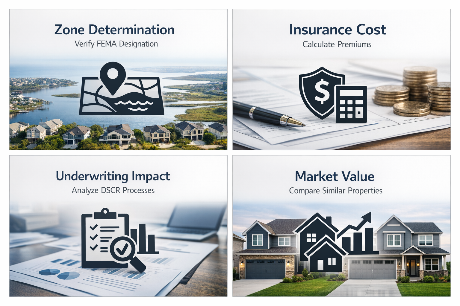Infographic showing flood zone evaluation checklist with zone determination, insurance cost, underwriting impact, and market value comparisons.