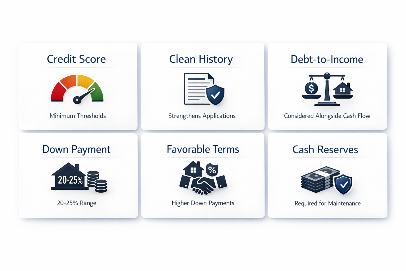Infographic showing DSCR loan requirements including credit score, clean history, debt-to-income, down payment, favorable terms, and cash reserves.