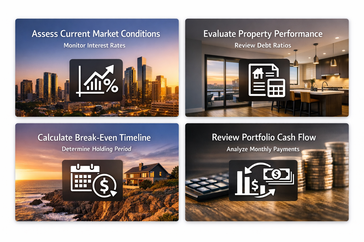 Infographic showing steps for strategic timing in refinancing: market conditions, property performance, break-even timeline, cash flow review.