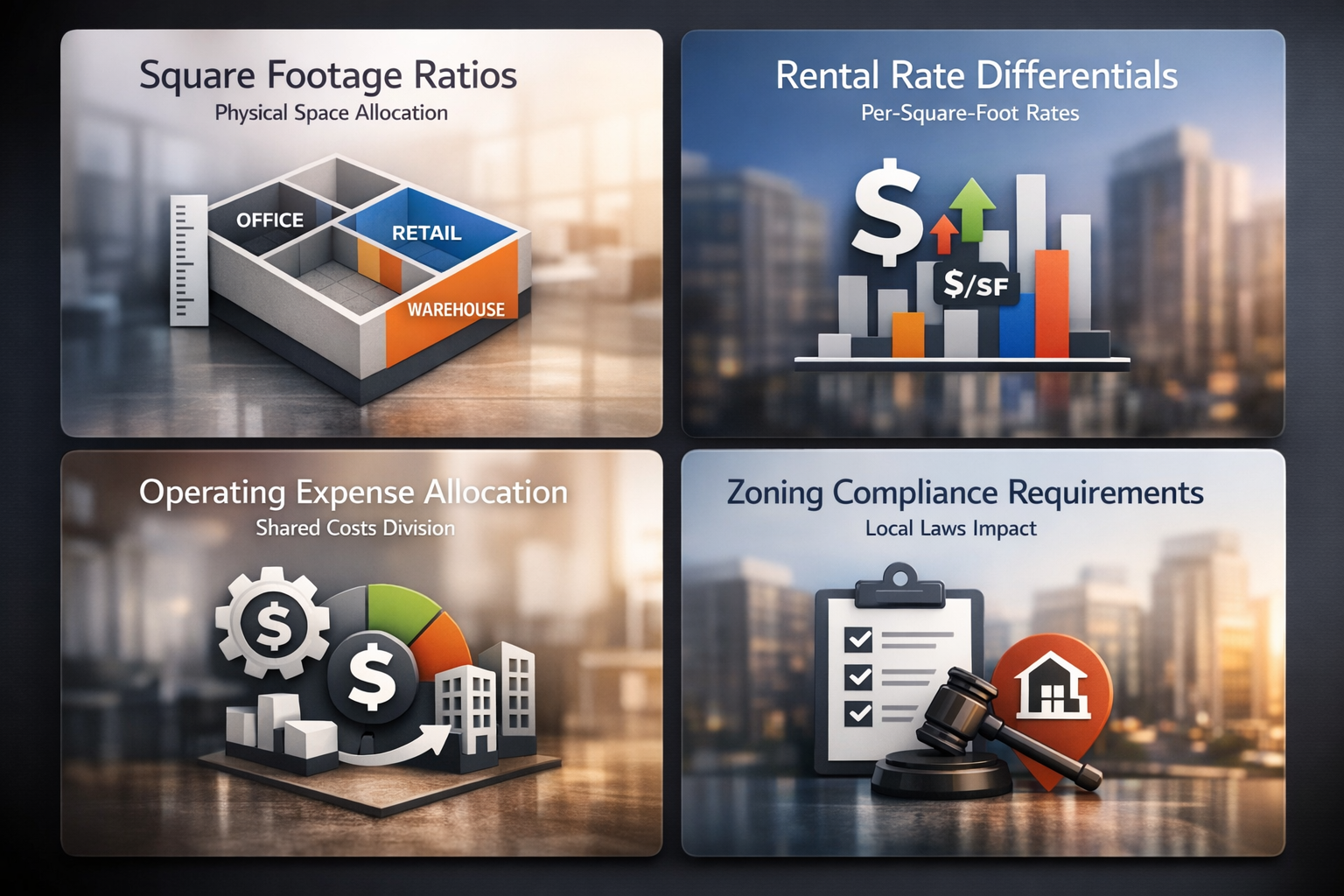 Infographic showing key factors influencing commercial income allocation including square footage ratios and zoning compliance requirements.