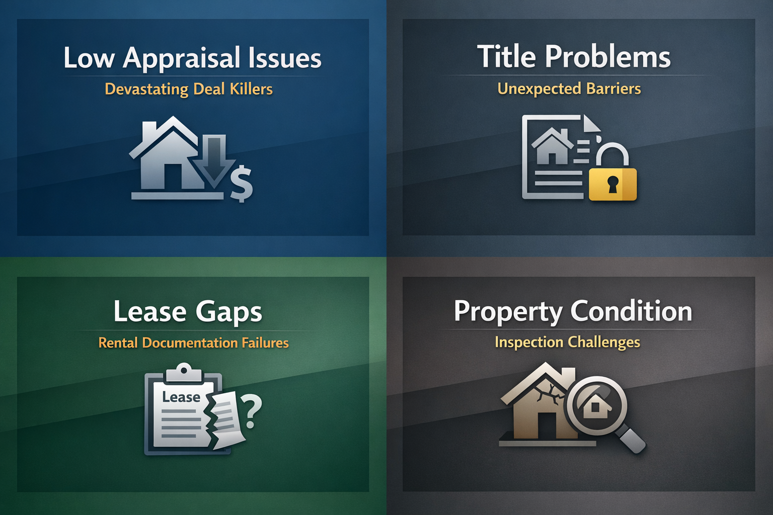 Visual representation of low appraisal issues, title problems, lease gaps, and property condition challenges in DSCR loans.