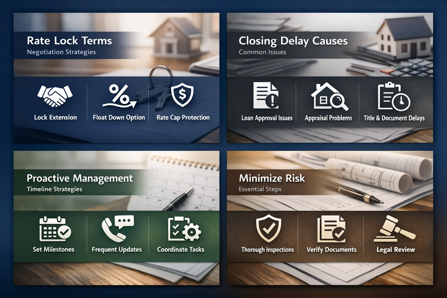 Infographic showing rate lock terms, closing delay causes, proactive management strategies, and steps to minimize risk.