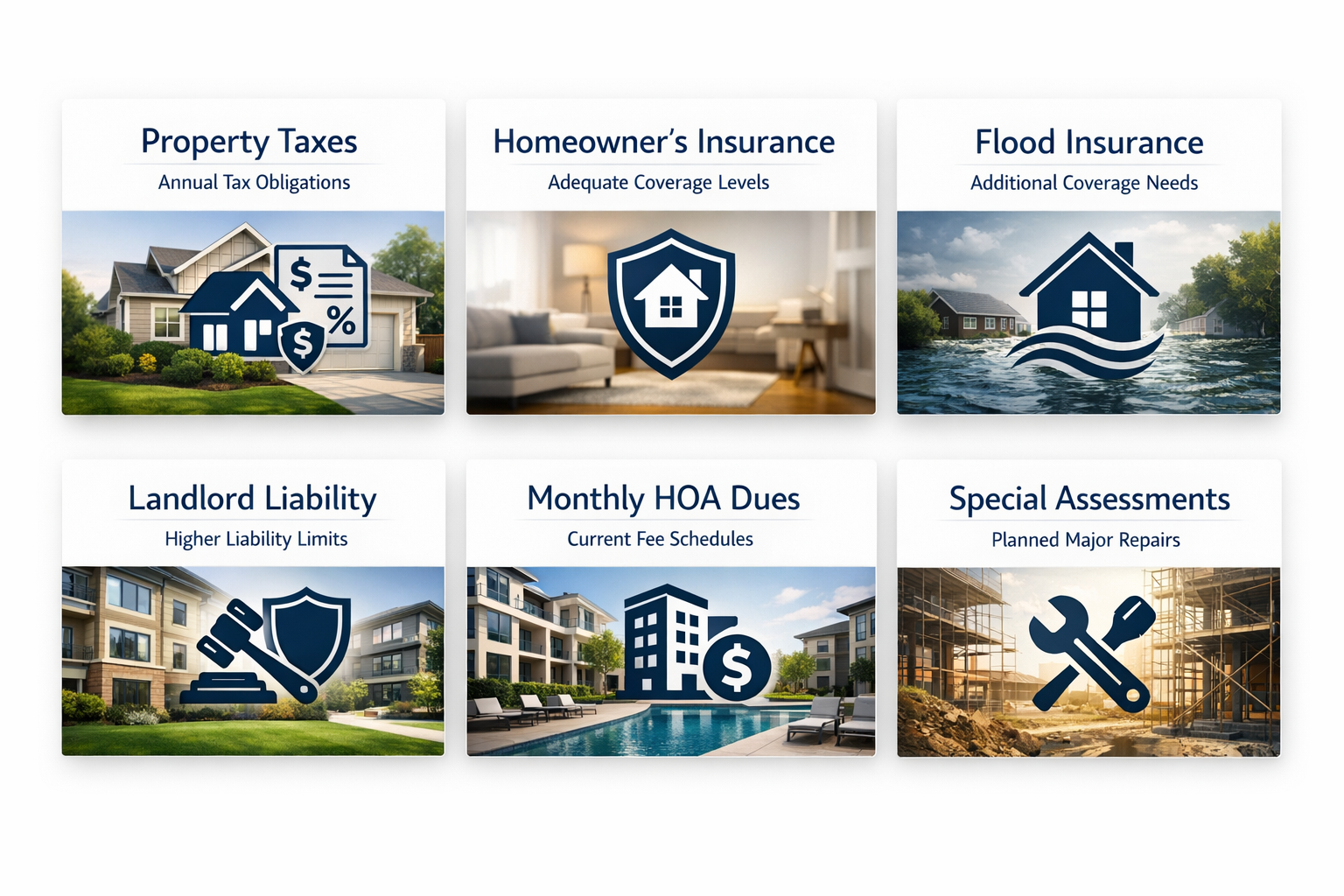Infographic showing essential property tax and insurance calculations for DSCR loan expense assumptions including various costs.