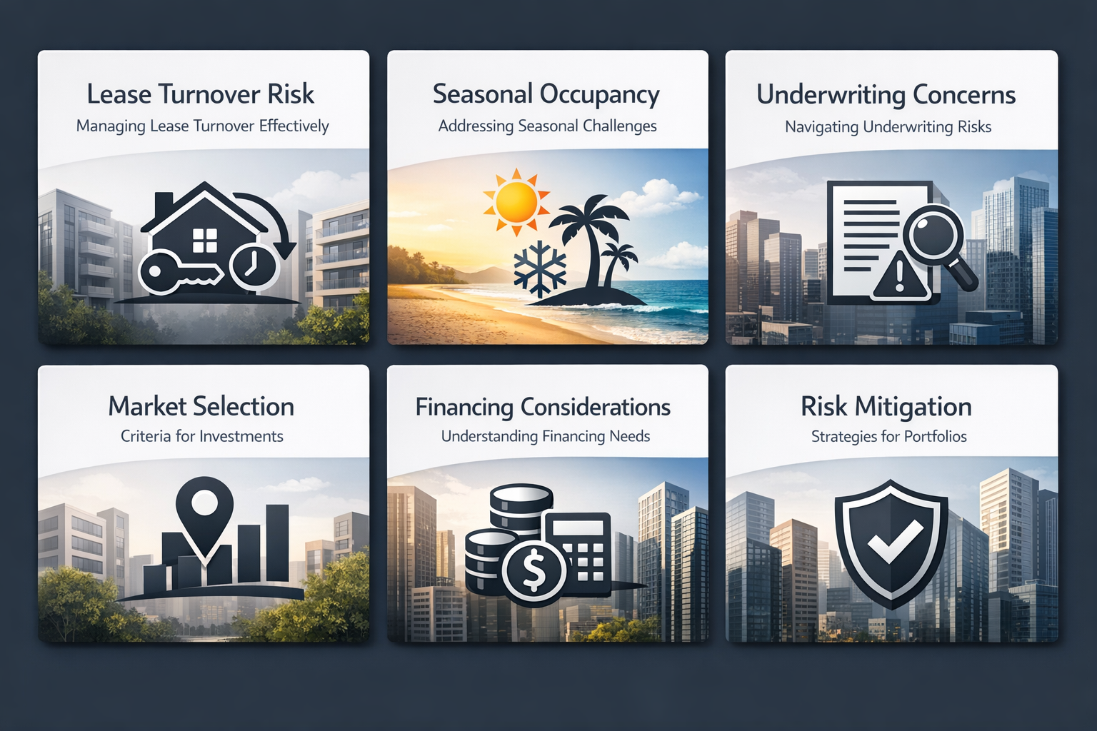 Infographic on managing lease turnover risk, seasonal occupancy challenges, underwriting concerns, market selection, financing considerations, and risk mitigation strategies.