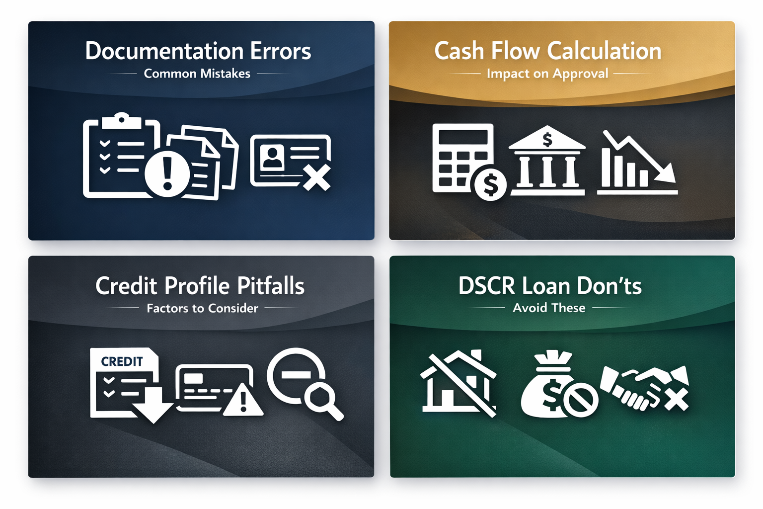 Infographic on documentation errors, cash flow mistakes, credit pitfalls, and DSCR loan don'ts for investors.