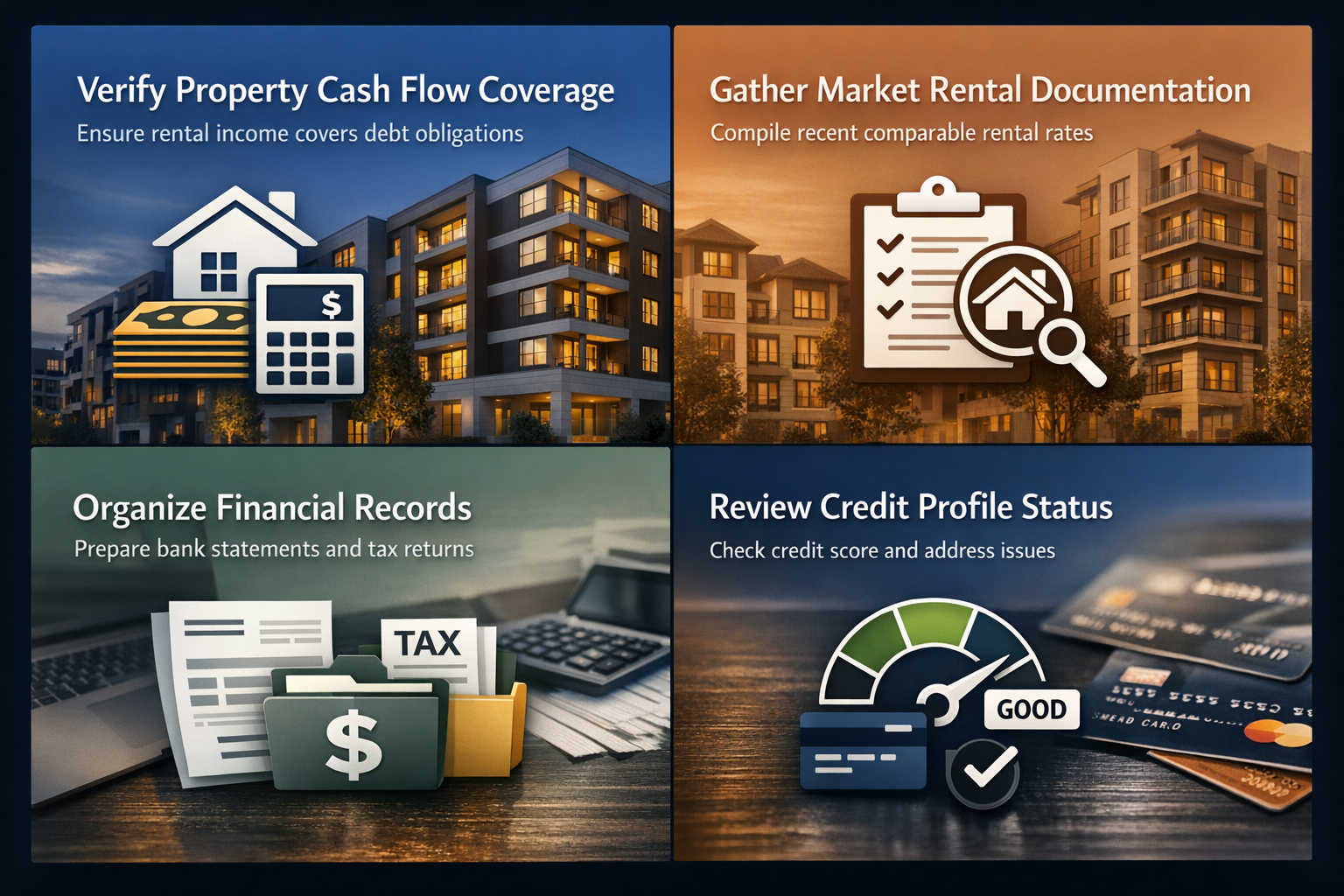 Essential checklist for DSCR loan preparation with key factors like cash flow coverage and credit profile review.