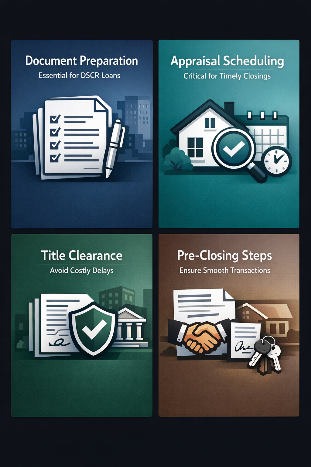 Infographic showing essential document preparation, appraisal scheduling, title clearance, and pre-closing steps for DSCR loans.