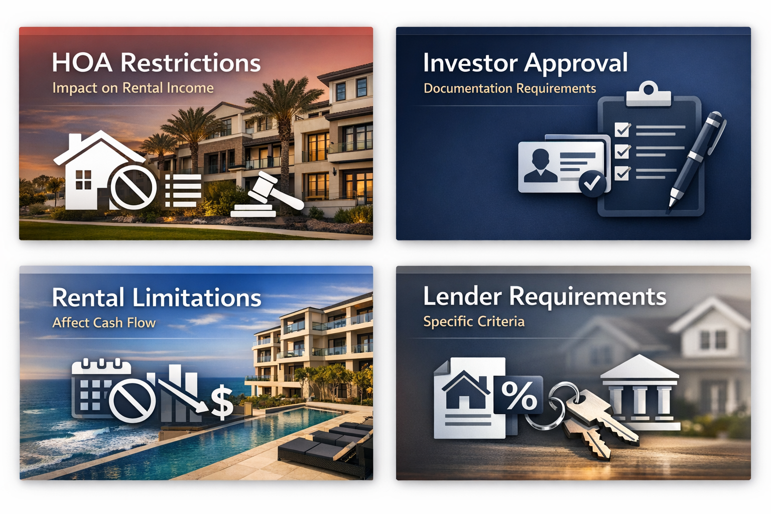 Visualizing key HOA restrictions, investor approval processes, rental limitations, and lender requirements for condo investments.