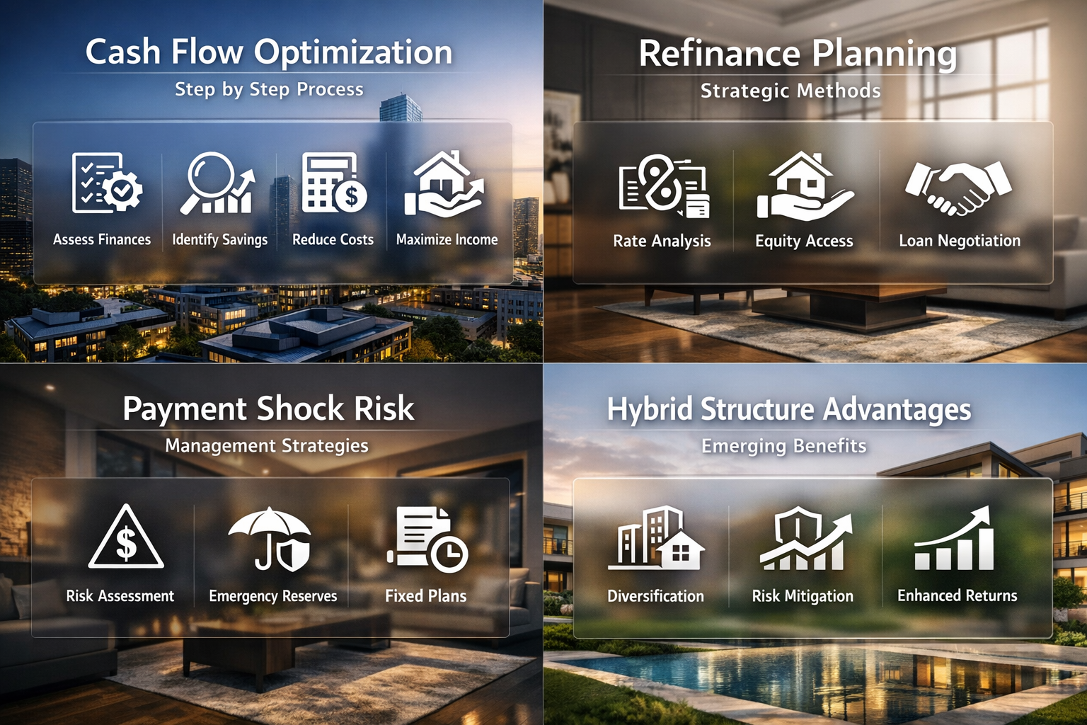 Visual representation of cash flow optimization, refinance planning, payment shock risk management, and hybrid structure advantages.