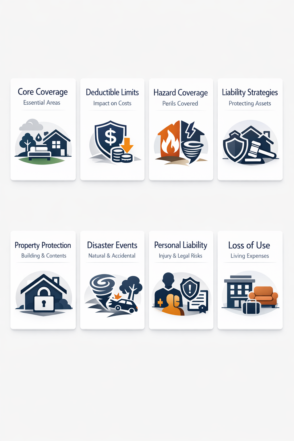 Infographic showing core landlord policy components, deductible limits, hazard coverage essentials, and liability protection strategies.