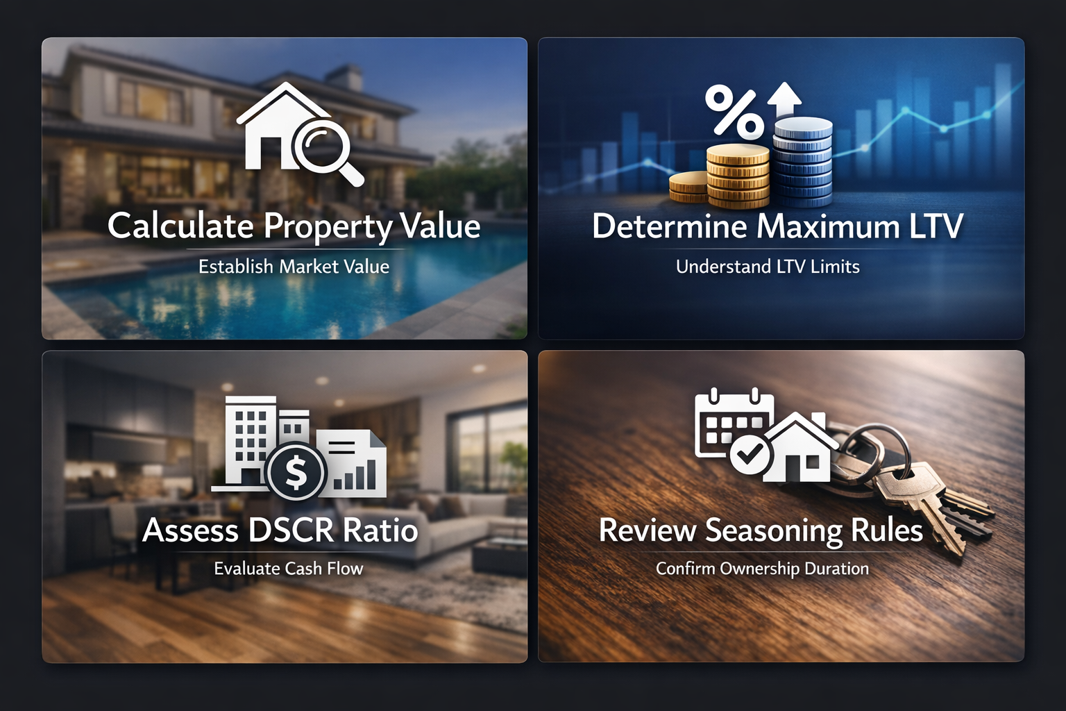 Infographic detailing steps for determining DSCR cash out eligibility including property value, LTV, DSCR ratio, and seasoning rules.