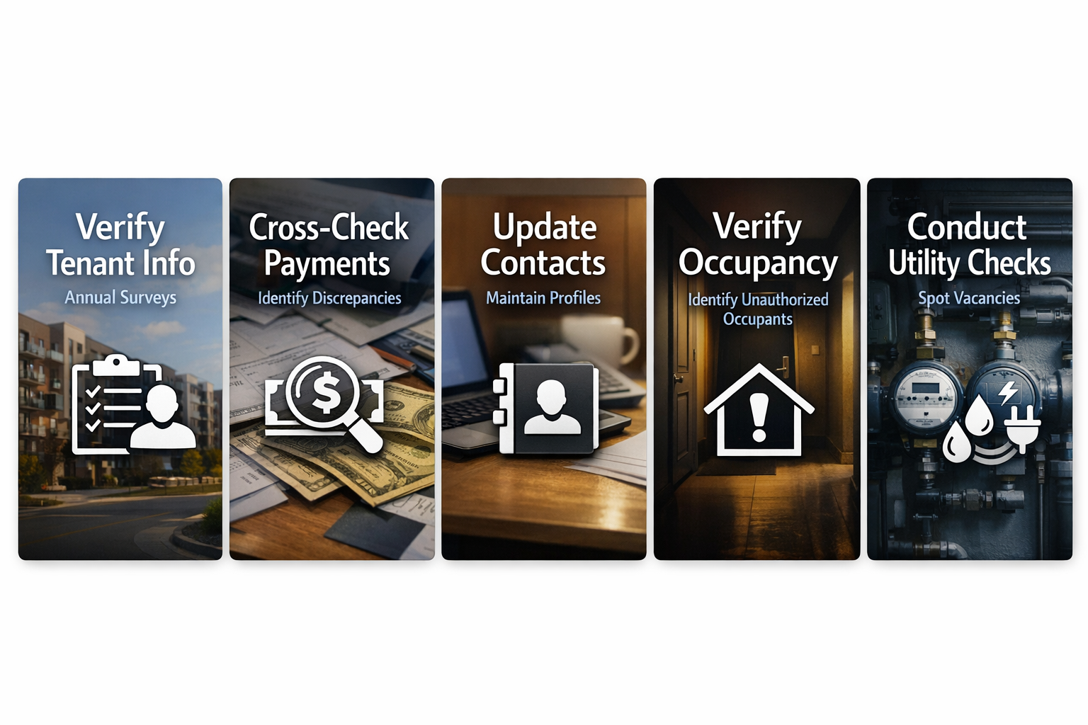 Visual guide on verifying tenant information with steps like surveys, payment checks, and utility usage analysis.