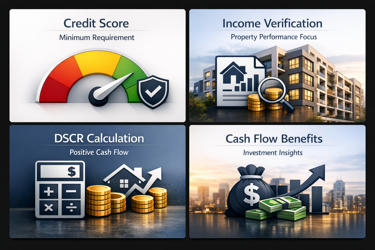Infographic showing credit score requirements, income verification focus, DSCR calculation, and cash flow benefits for DSCR loans.