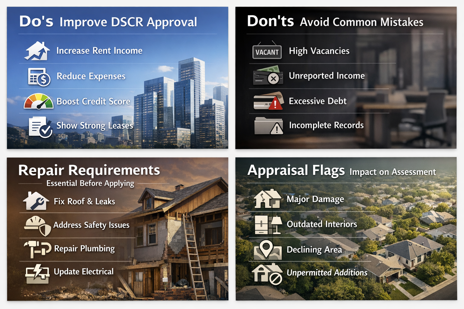 Infographic showing do's and don'ts for DSCR loan approval, essential repair requirements, and appraisal flags impact.
