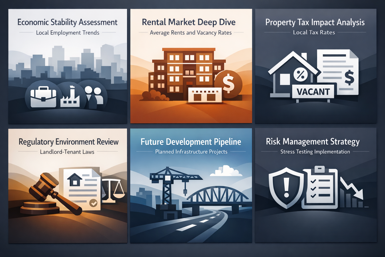 Essential market analysis steps for DSCR success including economic stability, rental market, property tax, regulations, and development pipeline.