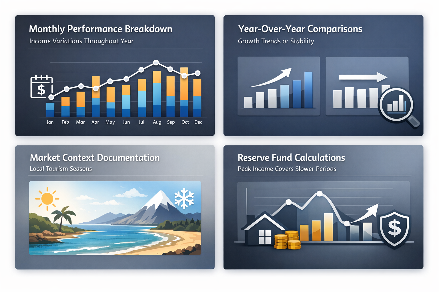 Infographic showing seasonal income analysis with performance breakdowns, year-over-year comparisons, market context, and reserve fund calculations.
