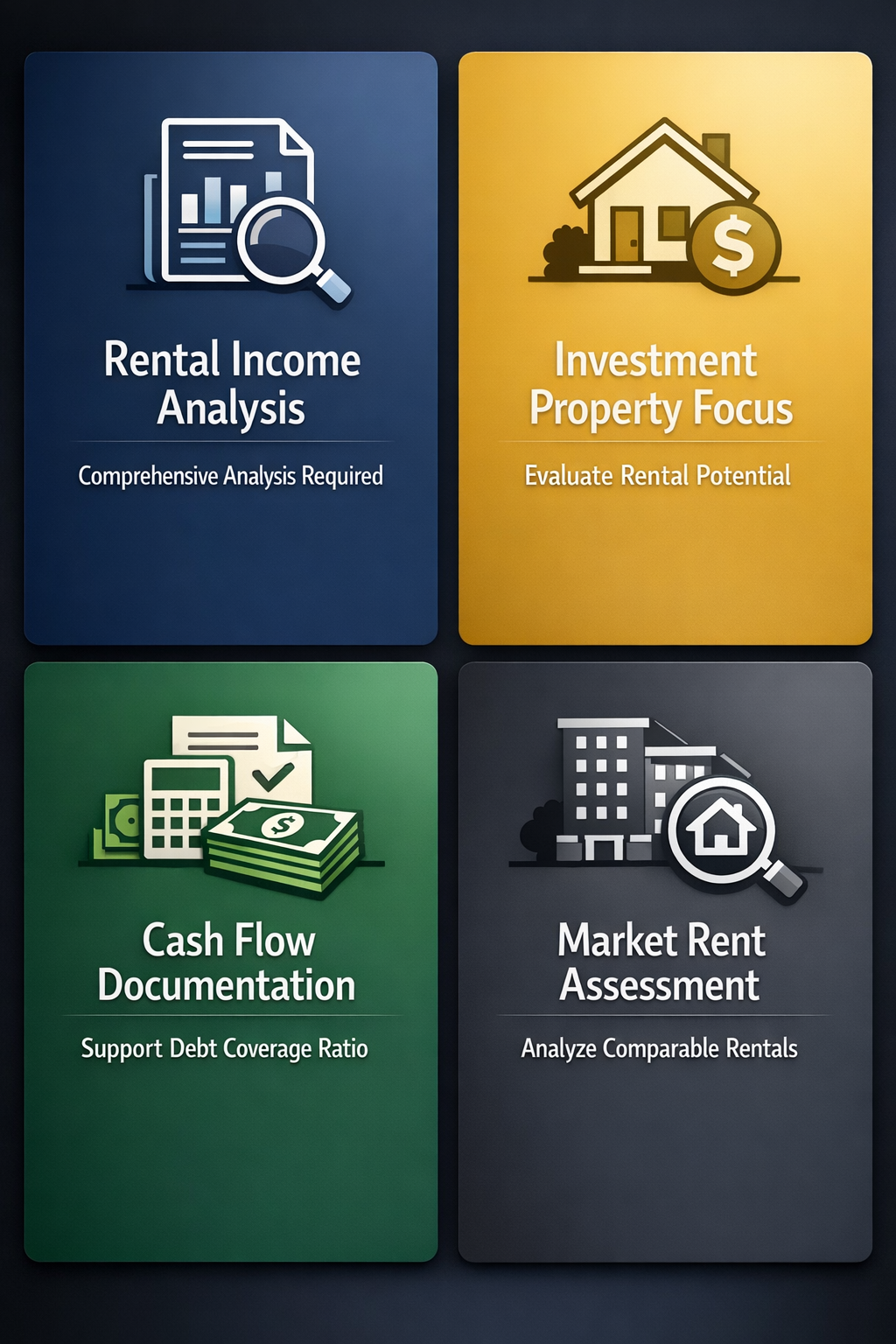 Visual guide on DSCR appraisal requirements including rental income analysis, investment property focus, cash flow documentation, and market rent assessment.