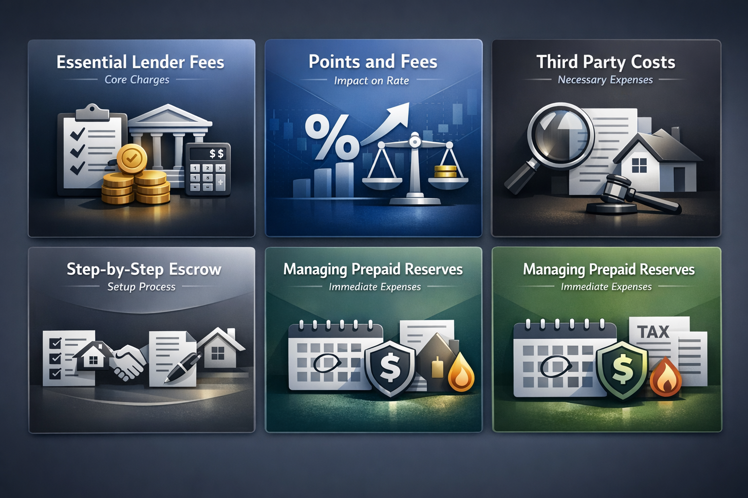 Infographic showing essential lender fees, points and fees, third party costs, escrow setup, and managing prepaid reserves.