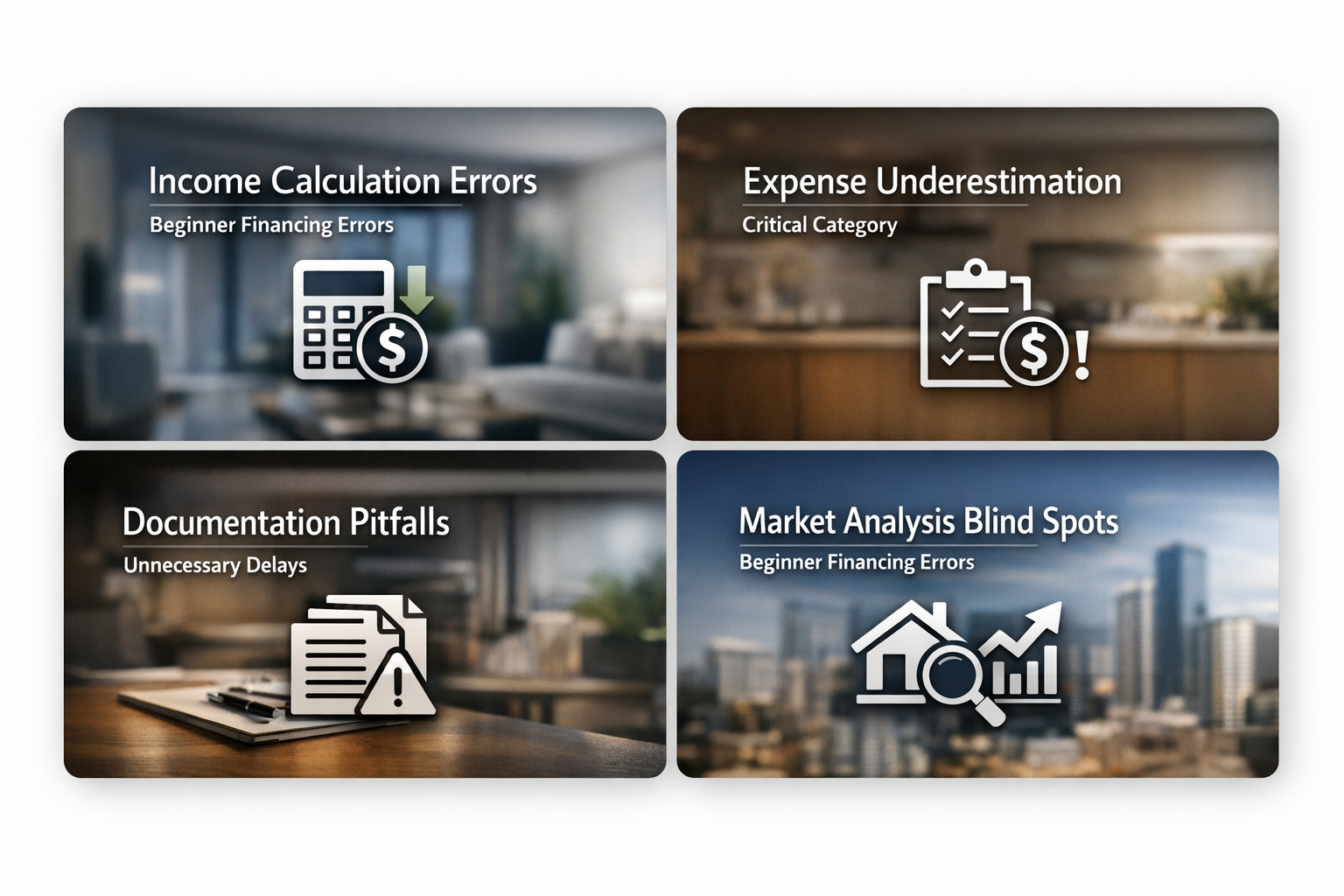 Infographic showing income calculation errors, expense underestimation, documentation pitfalls, and market analysis blind spots.
