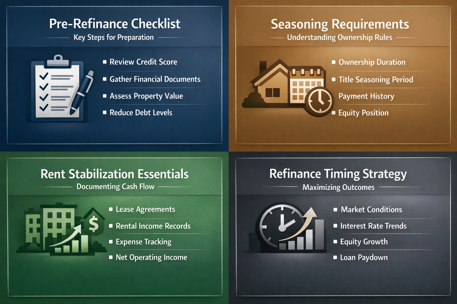 Infographic showing pre-refinance checklist, title seasoning requirements, rent stabilization essentials, and refinance timing strategy.
